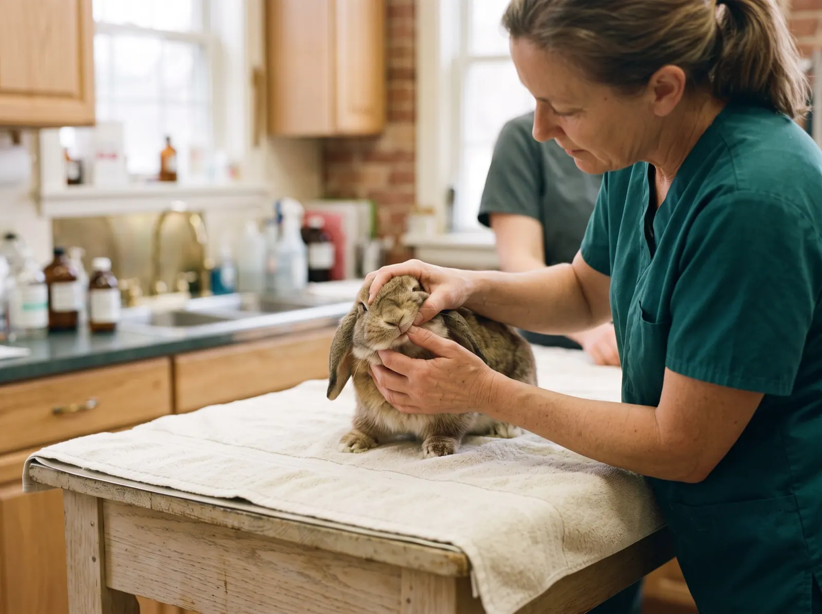 A veterinarian gently checks a lop-eared rabbit's teeth on a towel