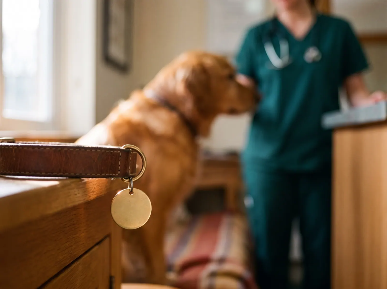 A blank brass ID tag on a leather collar, a dog and a vet in green scrubs blurred behind