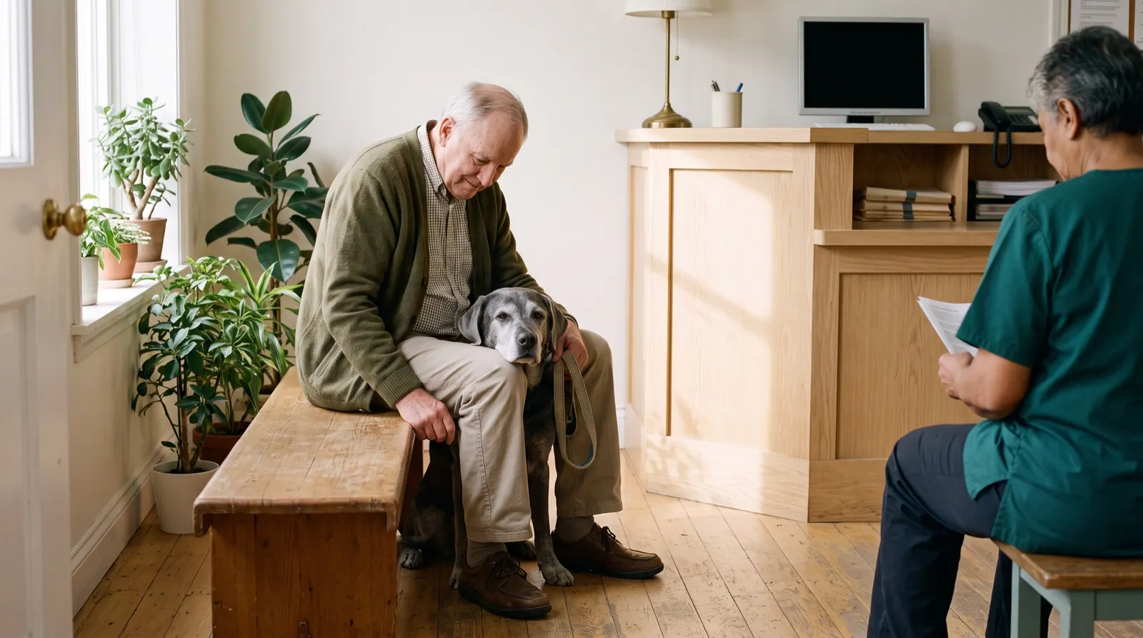 An older man on a wooden bench strokes his grey-muzzled dog in a sunlit clinic waiting room