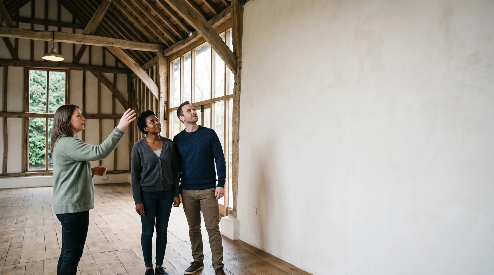 A venue coordinator in a sage sweater points up at the beams of an empty timber barn while a couple looks on
