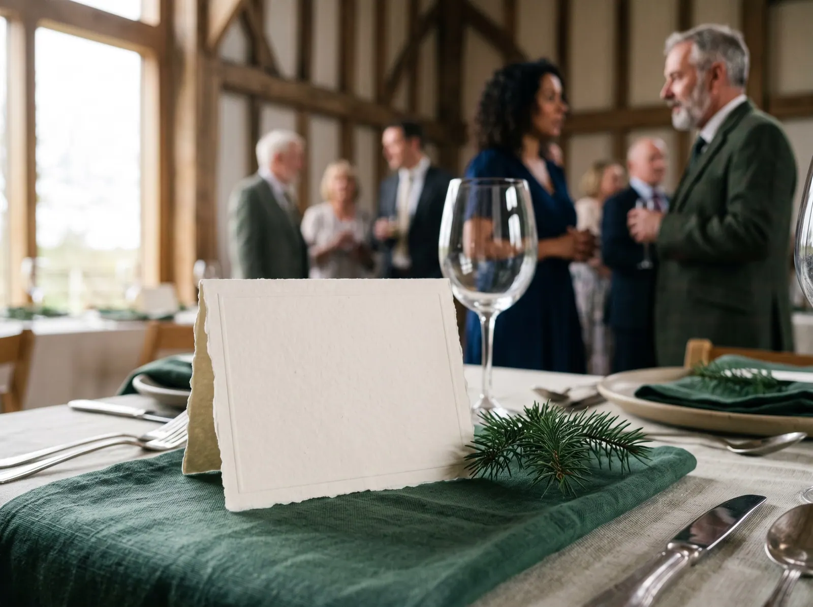 A blank ivory place card with a deckled edge on an evergreen linen napkin beside a sprig of fir
