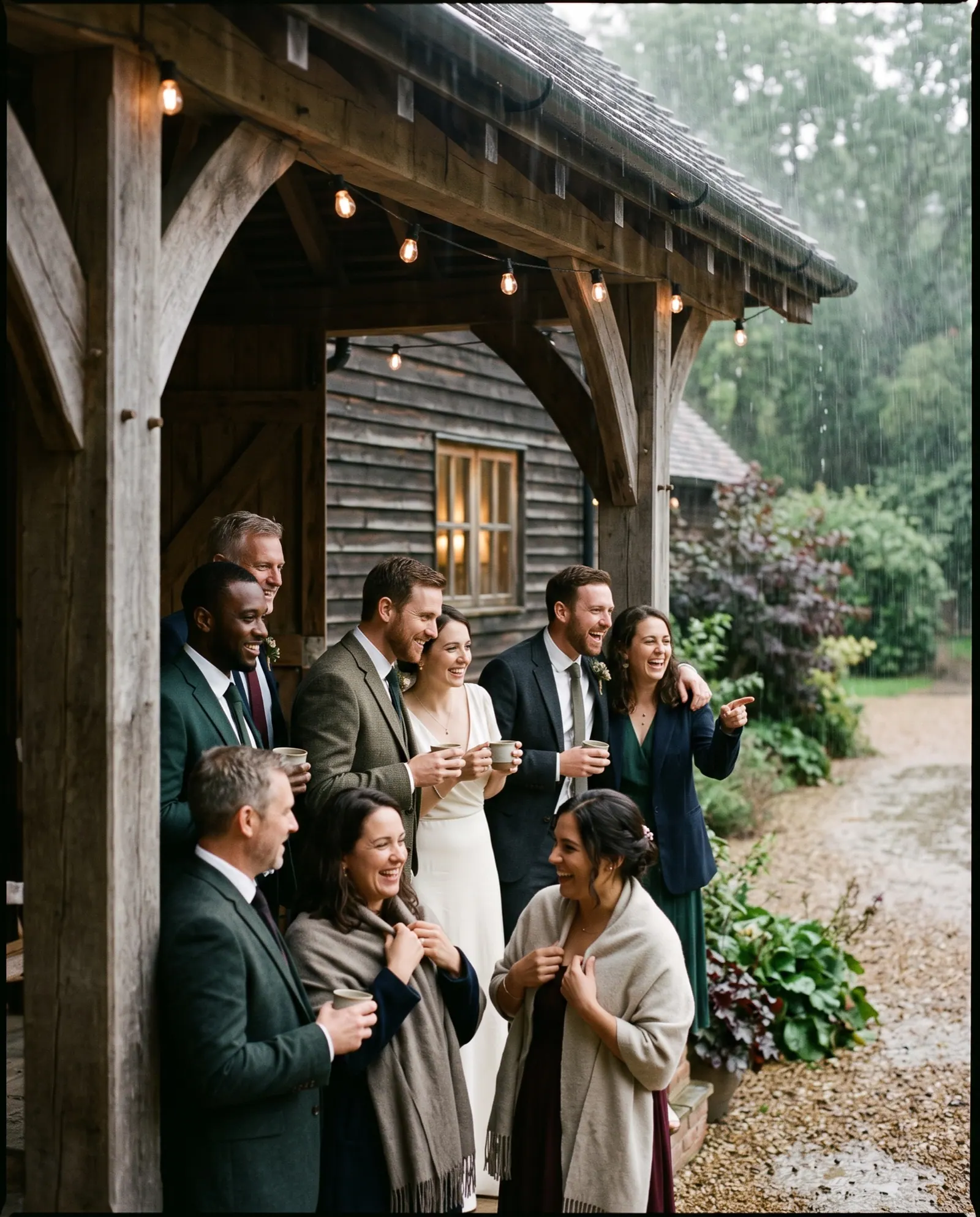 Wedding guests laugh under a covered barn porch as summer rain pours past the eaves