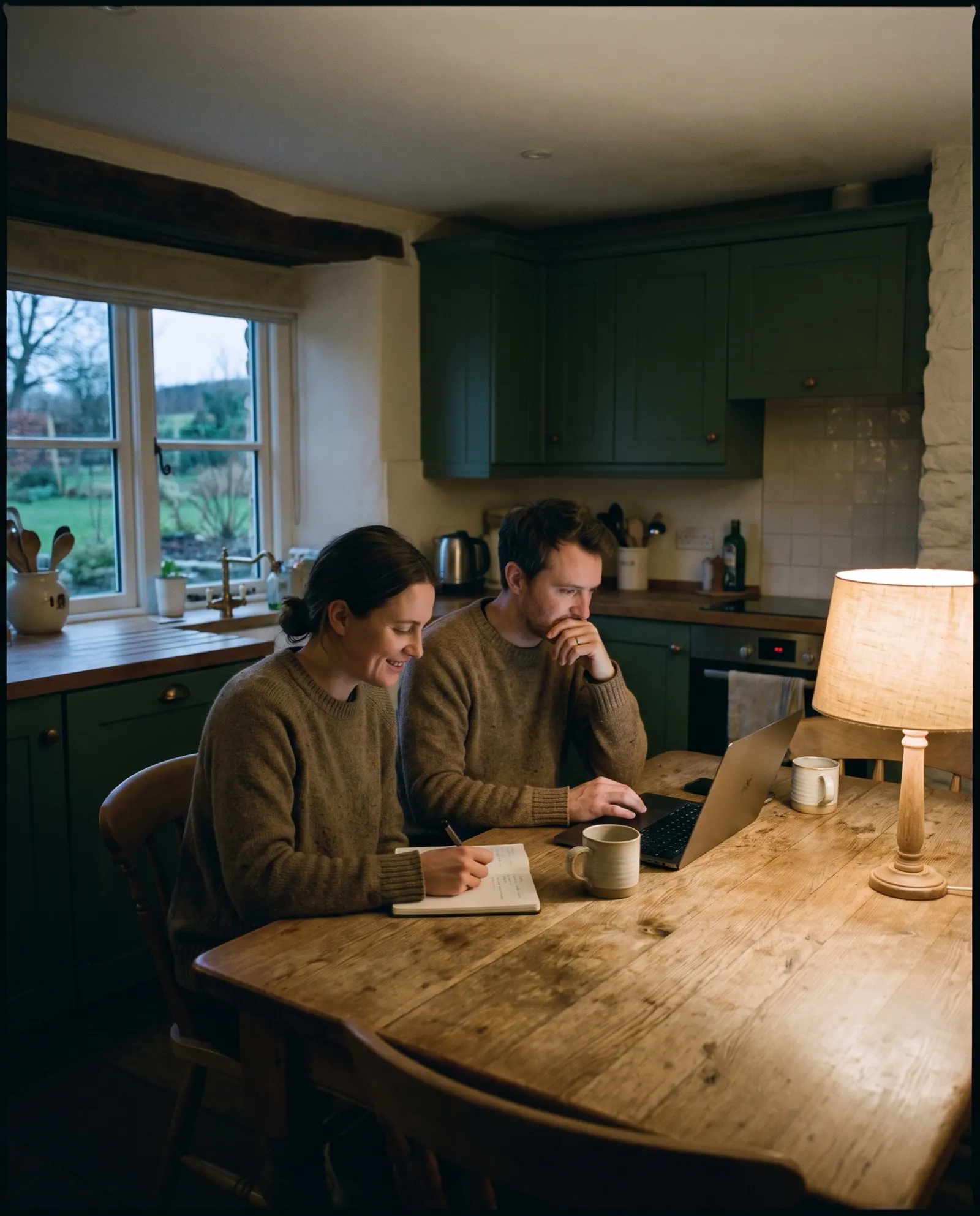 An engaged couple at a kitchen table in the evening, one on a laptop, one writing in a notebook