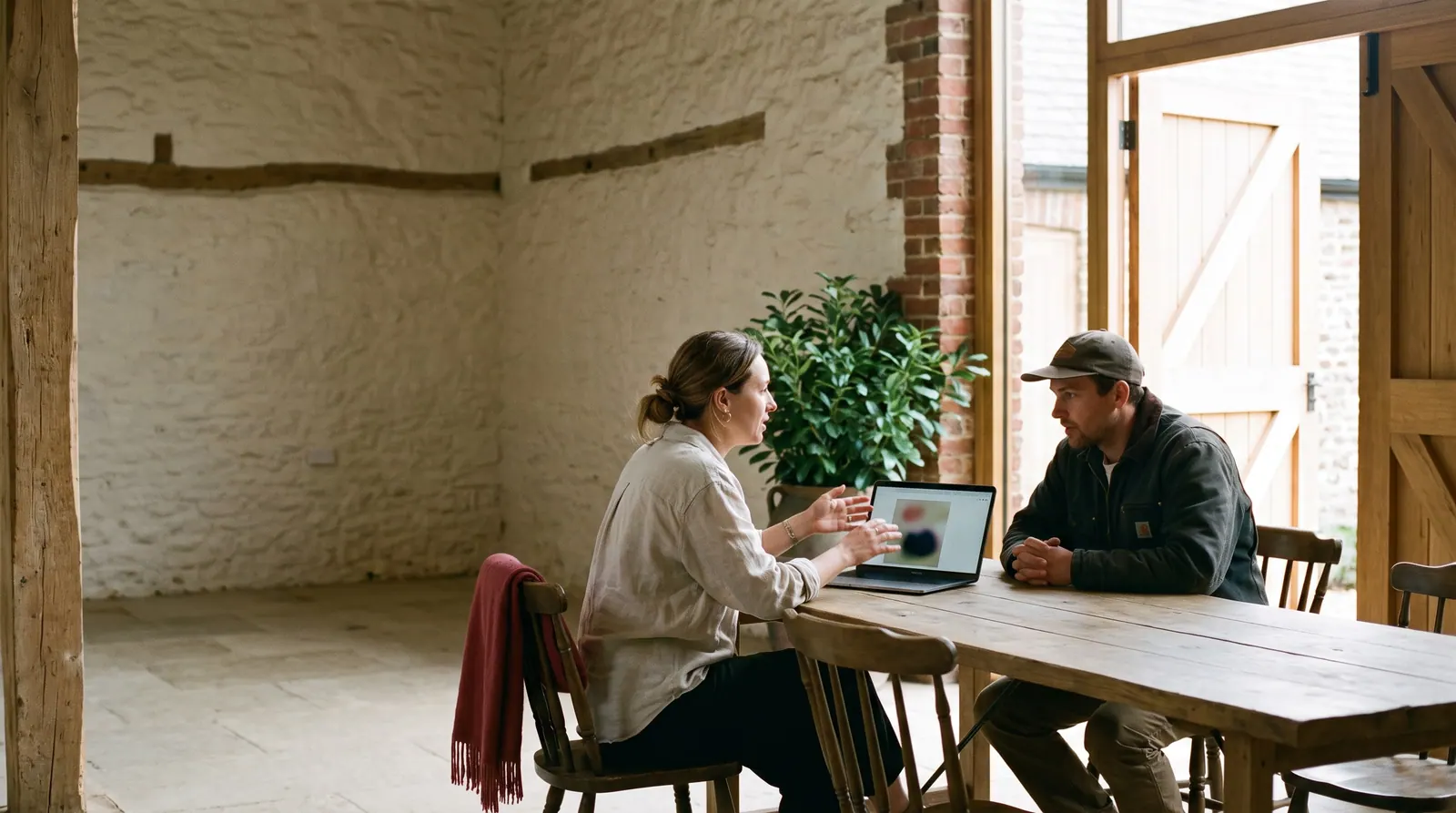 A web agency owner shows a laptop to a venue owner at a long farm table in an empty whitewashed barn